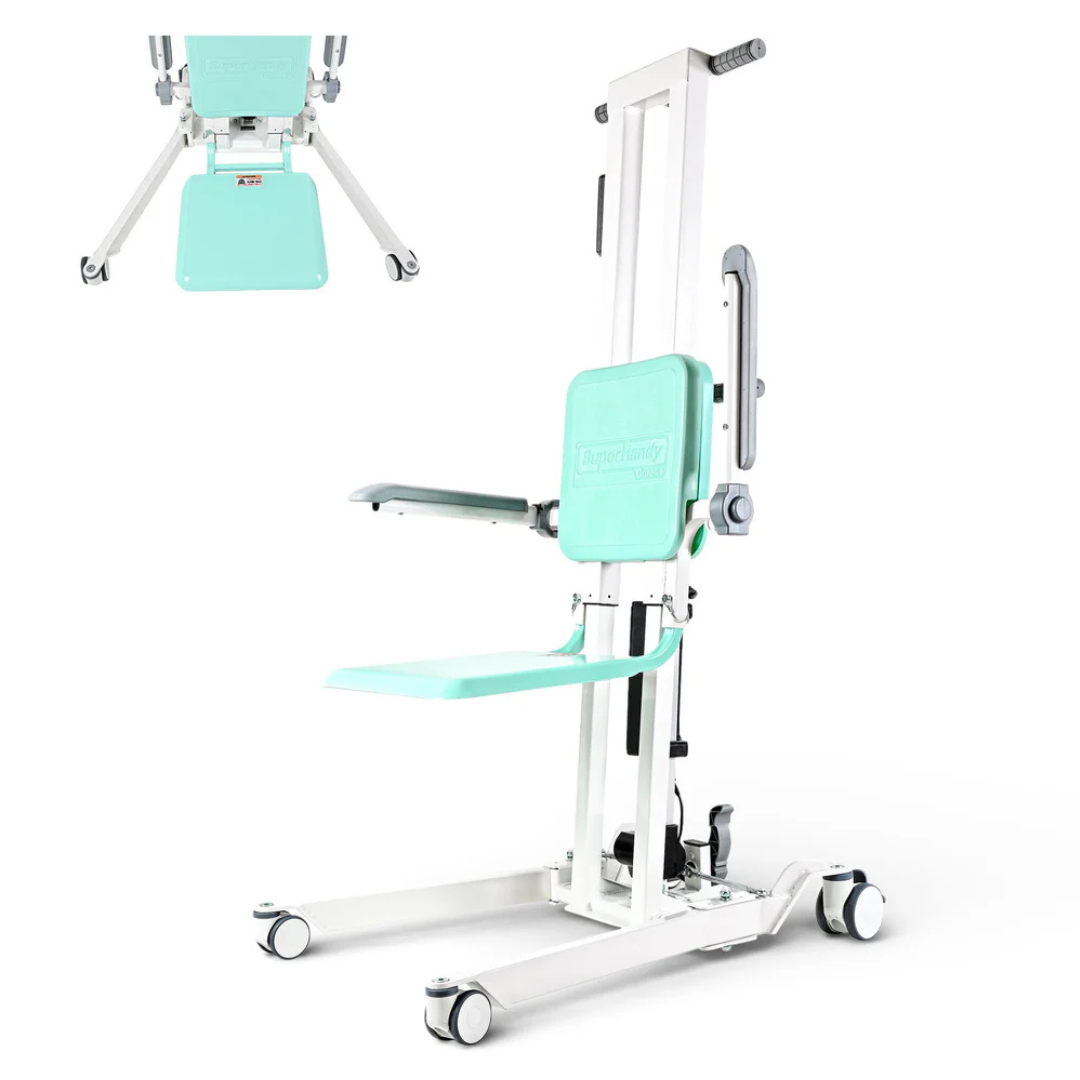 The SuperHandy Bariatric Transfer Floor Lift & Sit-to-Stand is a turquoise and white chair with wheels, adjustable armrests, and a vertical metal frame for caregiver safety and mobility in healthcare; inset: top-down chair view.